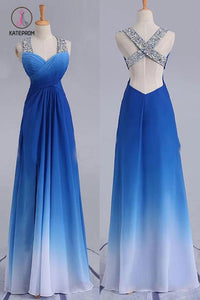 Elegant Beading Straps Cross Back Gradient Blue Ombre Prom Dress, Long Bridesmaid Dress KPB0180