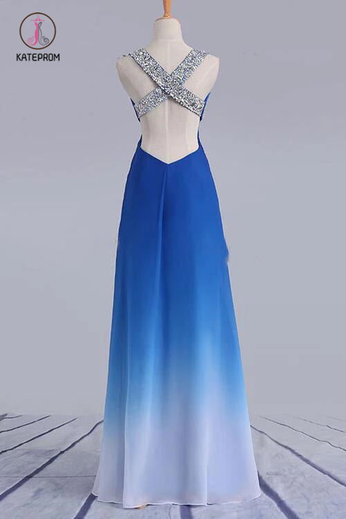 Elegant Beading Straps Cross Back Gradient Blue Ombre Prom Dress, Long kateprom Elegant Beading Straps Cross Back Gradient Blue Ombre Prom Dress, Long kateprom