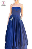 Royal Blue Strapless Bridesmaid Dress with Pockets, A Line Satin Prom Dress with Beads KPB0185