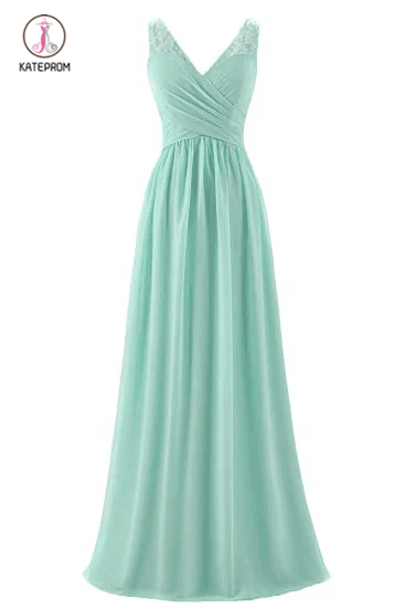 Mint Green V Neck Long Bridesmaid Dress with Lace, Simple Pleated Long Bridesmaid Dress KPB0186