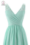 Mint Green V Neck Long Bridesmaid Dress with Lace, Simple Pleated Long Bridesmaid Dress KPB0186