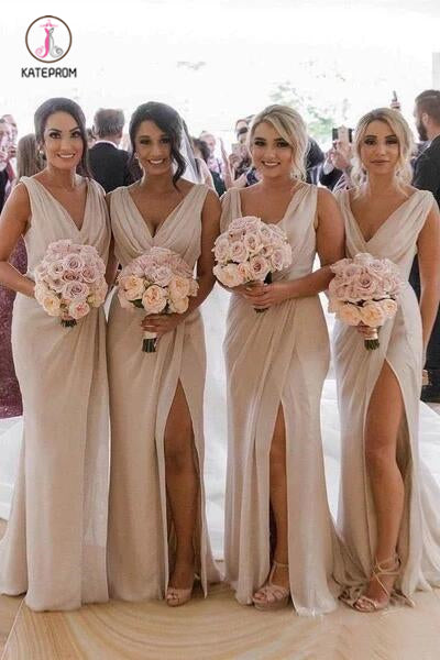 Simple V Neck Sleeveless Sheath Cheap Pleated Long Bridesmaid Dresses with Slit KPB0188