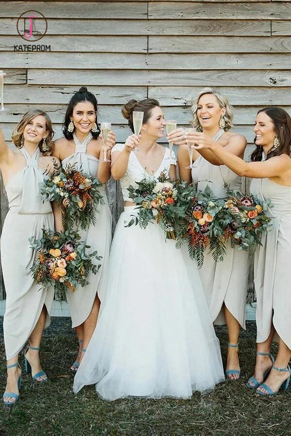 Unique Halter Neck Tea Length Sheath Bridesmaid Dresses with Slit KPB0 – kateprom