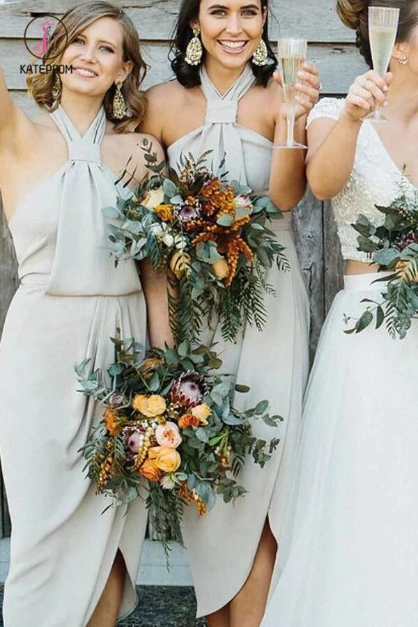 Unique Halter Neck Tea Length Sheath Bridesmaid Dresses with Slit KPB0 –  kateprom