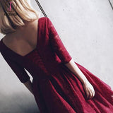 Burgundy Lace V-neck Homecoming Dress,Half Sleeve V Neck Short Prom Dresses KPH0165