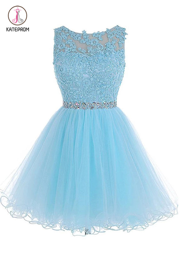 Scoop Short Blue Zipper-up Tulle Prom Dresses Homecoming Dresses KPH0128