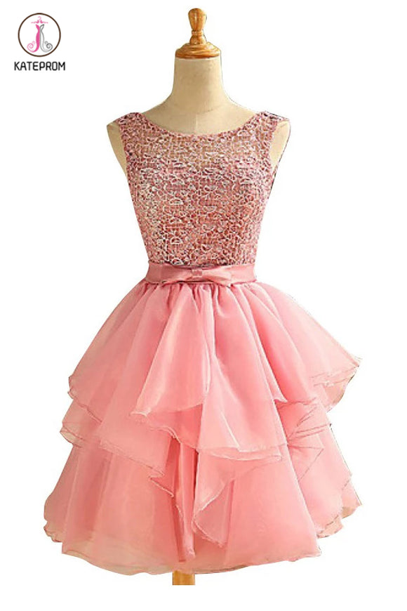 Scoop Above-knee Pink Chiffon Homecoming Dresses With Lace Ruched KPH0129