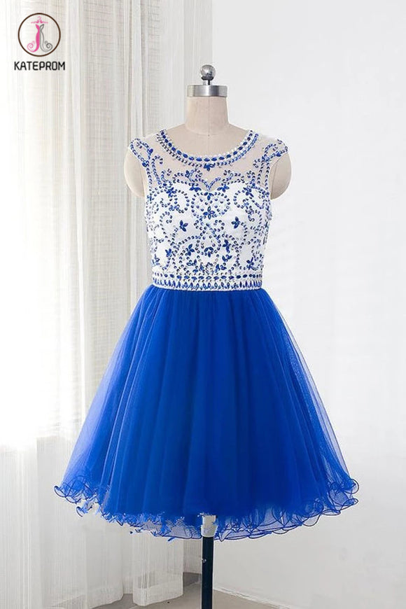 Royal Blue Tulle Sleeveless Homecoming/Prom Dresses With Beading KPH0130