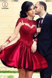 Knee Length Homecoming Dresses with Appliques,See-through Long Sleeve Cocktail Dresses KPH0140