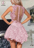 A-Line Short Dropped Pink Homecoming Dress,Mini Sleeveless Lace Cocktail Dress KPH0141