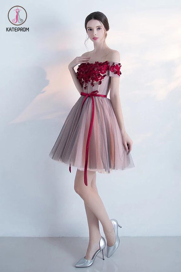 Off-the-shoulder Cocktail Dress,Short Homecoming Dress With Red Appliques,Mini Dress With Belt KPH0143