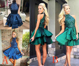 A-line High Neck Short Beaded Dark Blue Backless Homecoming Dress,Short Prom Dresses KPH0161