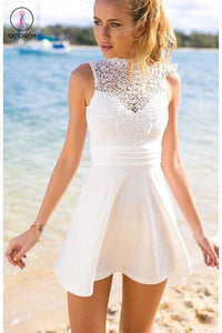 White Lace Top Homecoming Dress,Mini Dress,Short High Neck Sleeveless Prom Dress KPH0152