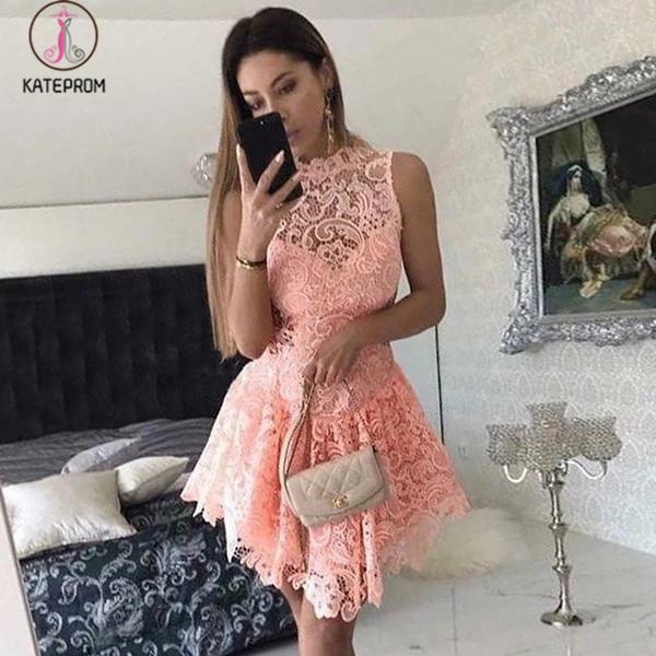 A-Line Short Dropped Pink Homecoming Dress,Mini Sleeveless Lace Cockta   kateprom