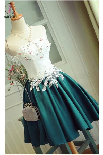 Special Deep Jade Short Prom Dress With Appliques,Strapless Stain Cocktail Dress KPH0139