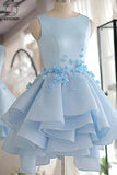 Sky Blue Homecoming Dress,A-line Satin Organza Short Flowers Original Prom Dresses,Mini Dress KPH0144