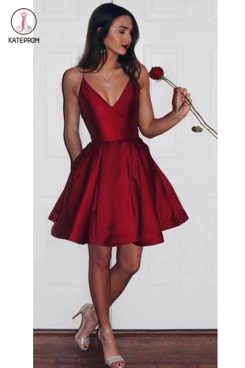 A-Line Spaghetti Straps V-Neck Burgundy Short Homecoming Dress,V-neck Short Prom Dress KPH0159