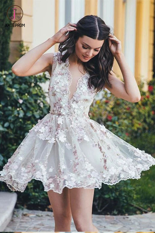 A Line V-neck Lace Sleeveless Homecoming Dress Prom Dress,Mini Dress,Short Prom Gown KPH0146