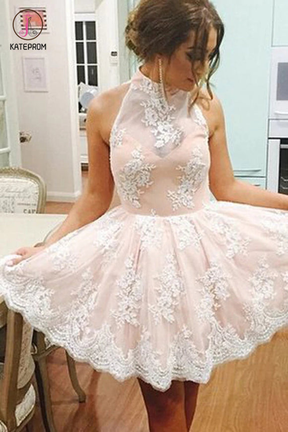 Elegant High Neck Homecoming Dress with White Lace,Sweet 16 Dress,Grad kateprom Elegant High Neck Homecoming Dress with White Lace,Sweet 16 Dress,Grad kateprom