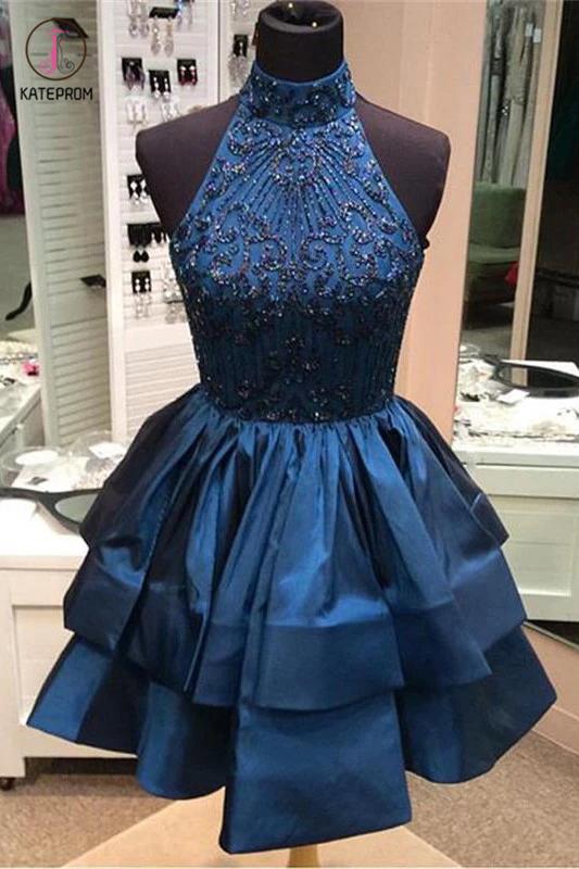 A-line High Neck Short Beaded Dark Blue Backless Homecoming Dress,Shor kateprom A-line High Neck Short Beaded Dark Blue Backless Homecoming Dress,Shor kateprom