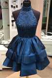 A-line High Neck Short Beaded Dark Blue Backless Homecoming Dress,Short Prom Dresses KPH0161