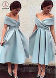 A-Line Off-the-Shoulder Tea-Length Sleeveless Homecoming Dress,Light Blue Satin Prom Dress KPH0160