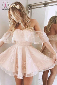 A-Line Homecoming Dress,Lace Off-Shoulder Short Prom Dresses,Pearl Pink Homecoming Dress KPH0136