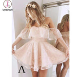 A-Line Homecoming Dress,Lace Off-Shoulder Short Prom Dresses,Pearl Pink Homecoming Dress KPH0136