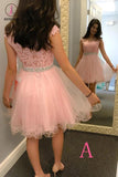 Pink Homecoming Dress,Short Tulle Prom Dresses With Bead Waist,Lace Appliques Graduation Dress KPH0150
