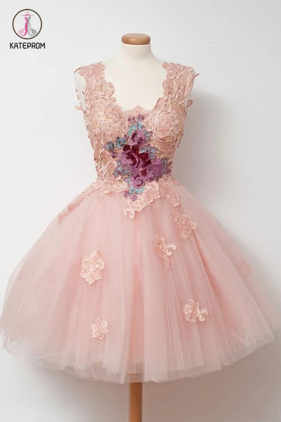 A-Line V-Neck Pink Cocktail Dress,Tulle Homecoming Dress with Appliques,Short Prom Dresses KPH0142