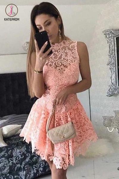 A-Line Short Dropped Pink Homecoming Dress,Mini Sleeveless Lace Cocktail Dress KPH0141