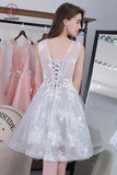 Knee-length Sleeveless Short Homecoming Dresses,A-line Lace Appliques Tulle Party Dresses KPH0166