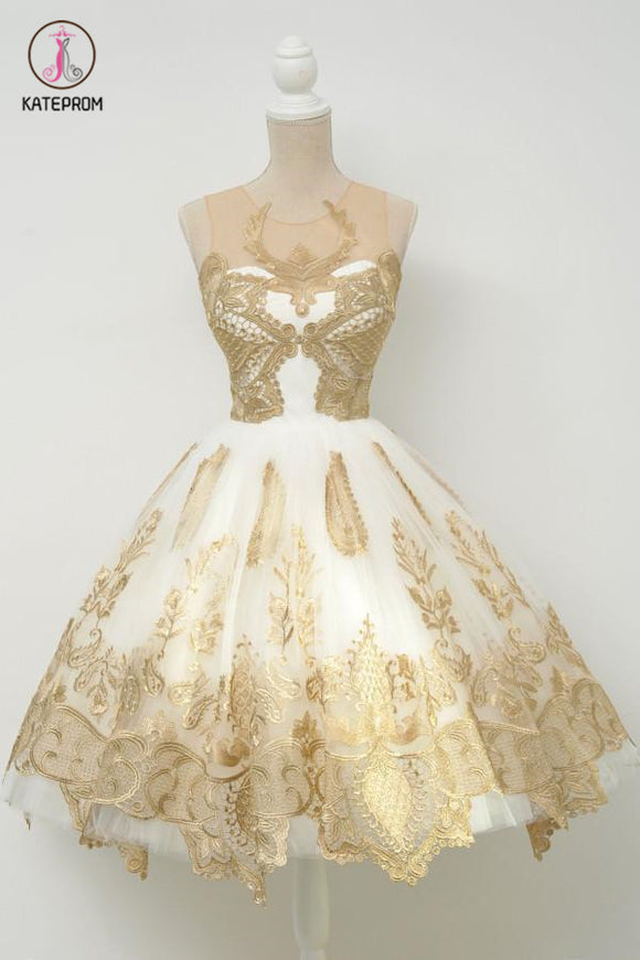 Junior Popular Gold Applique Short Tulle Homecoming Dresses,A-line Short Prom Dresses KPH0169