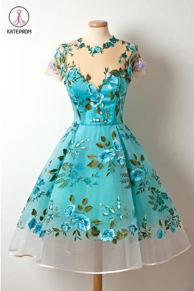 New Short Sleeves Unique Homecoming Dress,Appliqued Blue Short Prom Dr kateprom New Short Sleeves Unique Homecoming Dress,Appliqued Blue Short Prom Dr kateprom