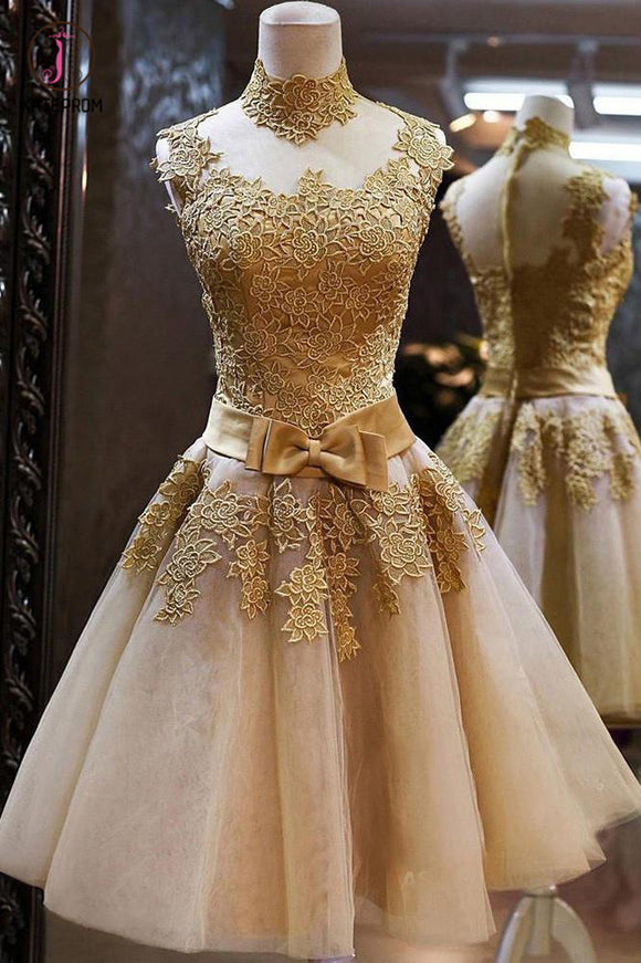 High Neck Tulle Homecoming Dress with Bowknot,Appliques Sleeveless Knee-length Prom Dress KPH0172