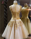 High Neck Tulle Homecoming Dress with Bowknot,Appliques Sleeveless Knee-length Prom Dress KPH0172