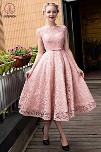 A-line Tea-length Pink Lace Homecoming Dress,Cute Graduation Dresses,Short Prom Dress KPH0176