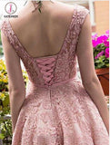 A-line Tea-length Pink Lace Homecoming Dress,Cute Graduation Dresses,Short Prom Dress KPH0176
