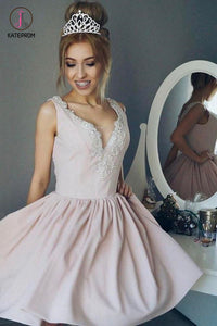 A-Line V-Neck Ruched Short Pearl Pink Satin Homecoming Dress with Beading,Mini Prom Dress KPH0179