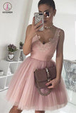 A-Line V-Neck Blush Pink Sleeveless Homecoming Dress,Appliqued Short Tulle Prom Dress KPH0180