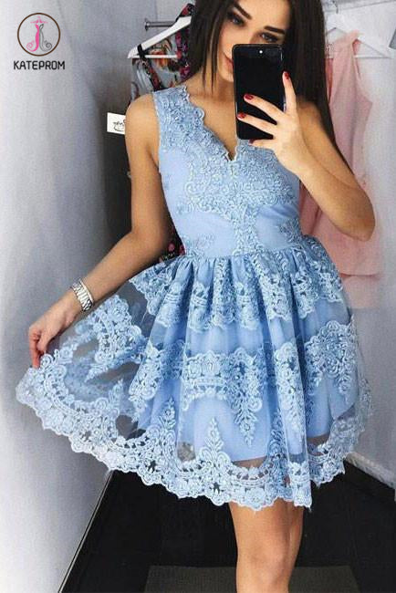 Cute Mini V-Neck Blue Homecoming Dress,Lace Appliqued Short Prom Dress,Sweet 16 Dress KPH0182