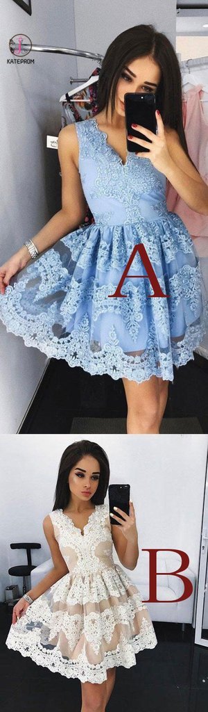 Cute Mini V-Neck Blue Homecoming Dress,Lace Appliqued Short Prom Dress   kateprom