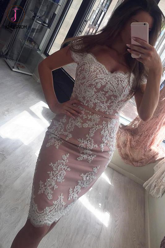 Blush Pink Cocktail Dress,Sheath Lace Appliques Off Shoulder Homecoming Dress Party Gown KPH0186