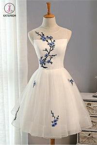 New Arrival Embroidery Flowers Sleeveless Short Tulle Homecoming Dress,Short Prom Dress KPH0188