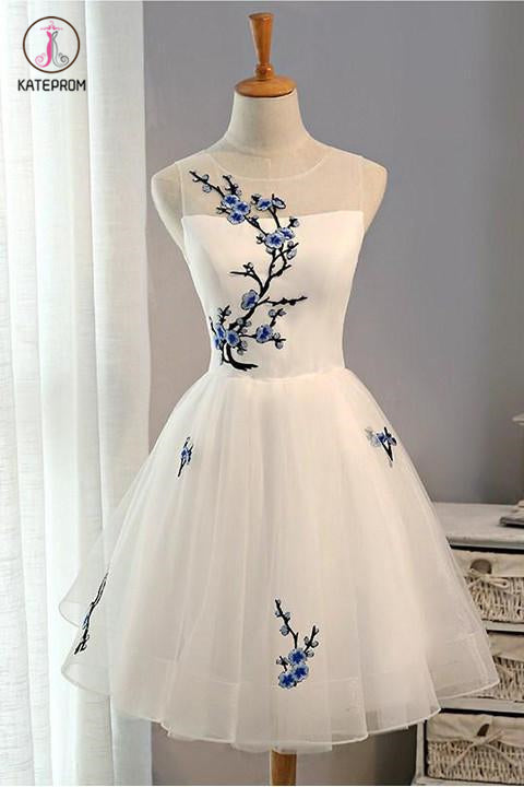 New Arrival Embroidery Flowers Sleeveless Short Tulle Homecoming Dress ...