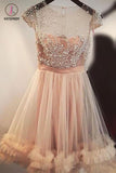 Fashion A-Line Jewel Cap Sleeves Tulle Short Homecoming Dress,Beading Short Prom Dress KPH0189