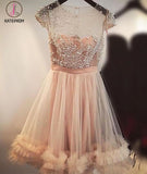 Fashion A-Line Jewel Cap Sleeves Tulle Short Homecoming Dress,Beading Short Prom Dress KPH0189