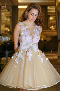 A-line V neck Backless Homecoming Dress with Flowers,Appliqued Sleeveless Junior Dresses KPH0191