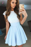Pale Blue A-Line Cap Sleeves Short Chiffon Homecoming Dress with Lace Top,Mini Prom Dress KPH0192