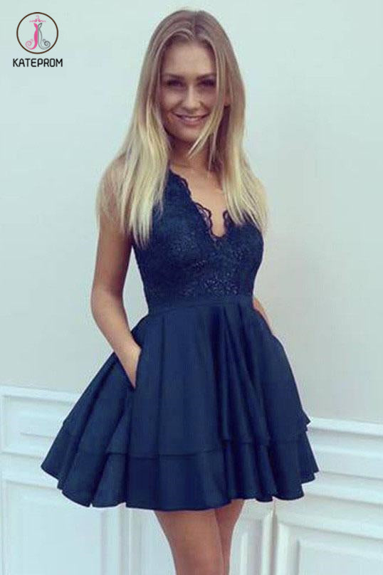 A-Line V-Neck Short Satin Homecoming Dress with Lace Top,Mini Sleeveless Party Dresses KPH0193